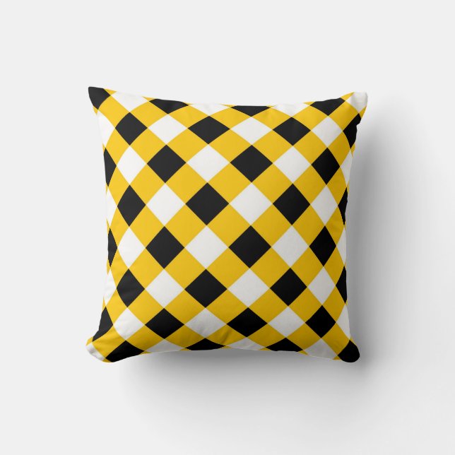 Autumn Black Yellow and White Plaid Pattern Throw Pillow (Front)