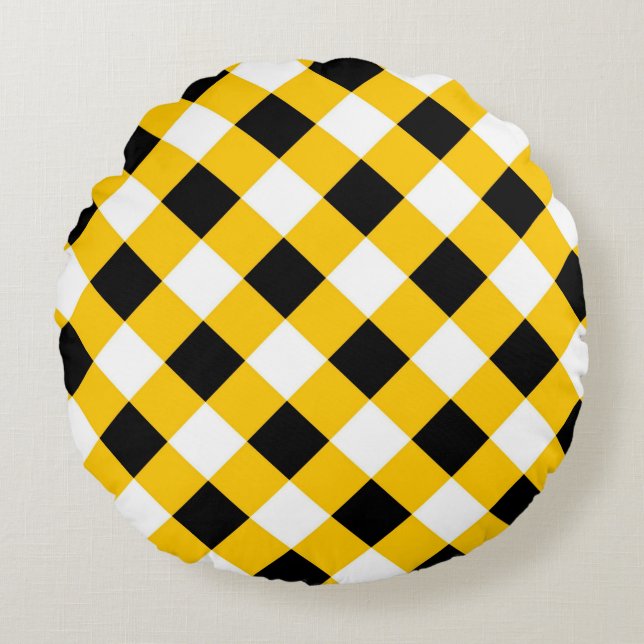 Autumn Black Yellow Chequered Geometric Pattern Round Pillow (Front)