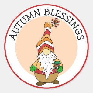  Autumn Blessings, Gnome Holding Coffee Classic Ro Classic Round Sticker