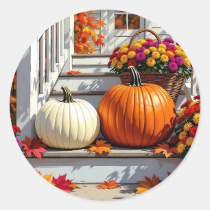 Autumn Blessings   Mums, Pumpkins and Fall Leaves Classic Round Sticker