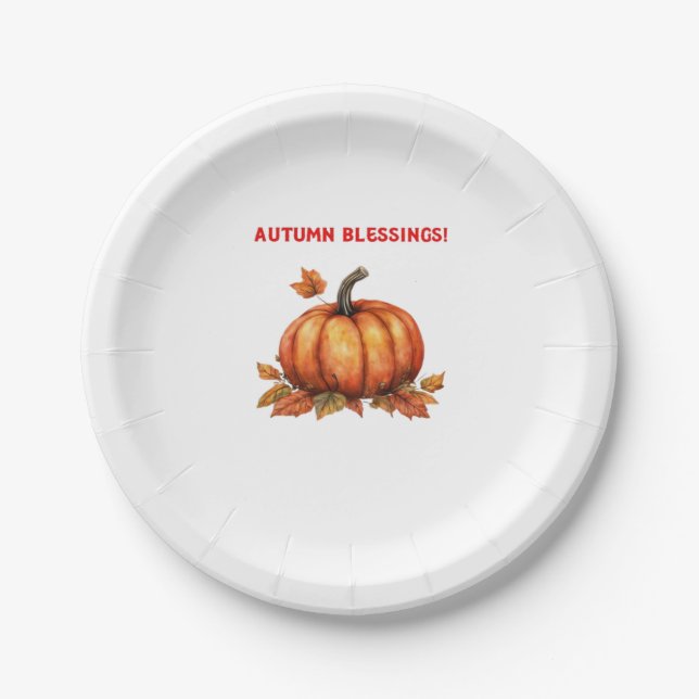 Autumn Blessings Pumpkin with Fall Leaves Classic  Paper Plate (Front)