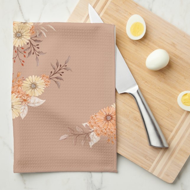 Autumn Bloom – Warm Beige & Orange Florals Kitchen Towel (Quarter Fold)