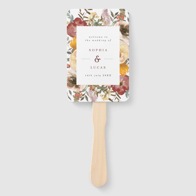 Autumn Blooms Burgundy & Orange Wedding Program Hand Fan (Front)