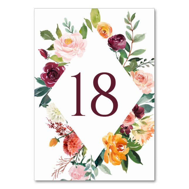 Autumn Blooms Diamond Floral Frame Fall Wedding Table Number (Front)