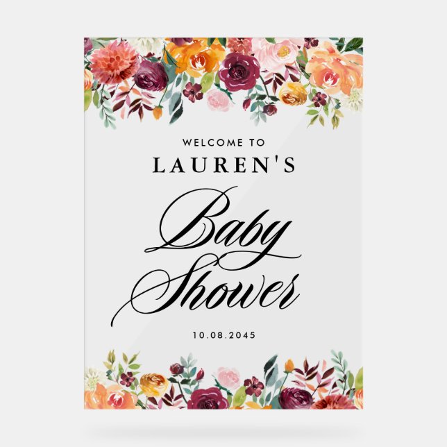 Autumn Blooms Floral Baby Shower Welcome Acrylic Sign (Front)