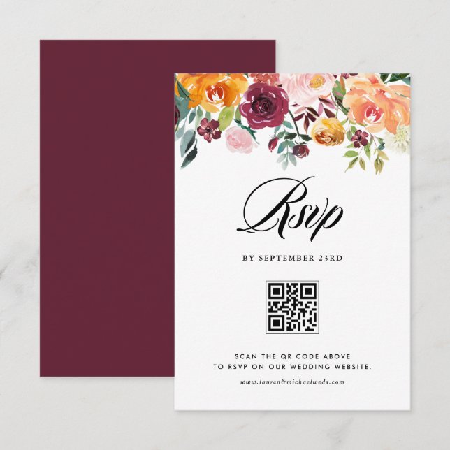 Autumn Blooms Floral Garland Fall Wedding QR Code RSVP Card (Front/Back)
