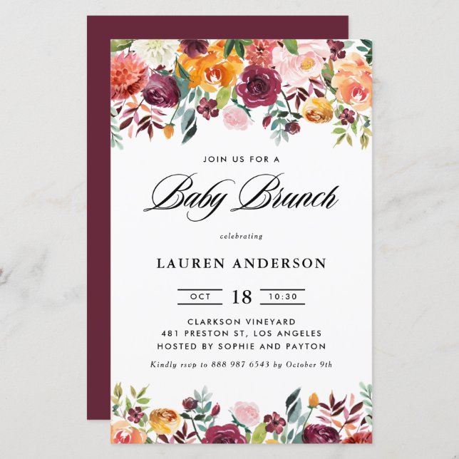 Autumn Blooms Garland Baby Brunch Invitation (Front/Back)