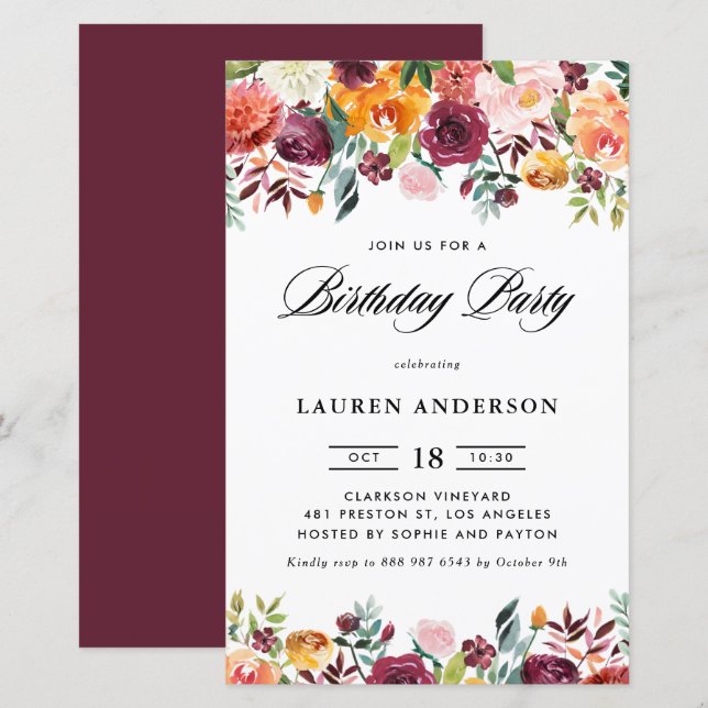 Autumn Blooms Garland Birthday Party Invitation (Front/Back)
