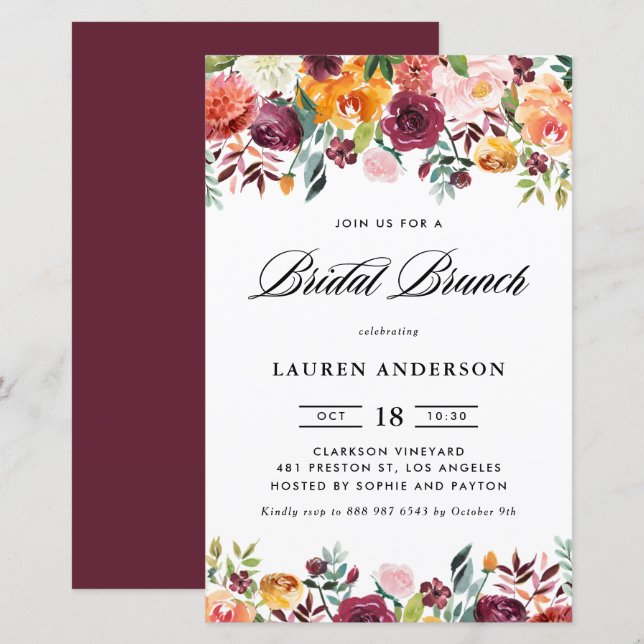 Autumn Blooms Garland Bridal Brunch Invitation (Front/Back)