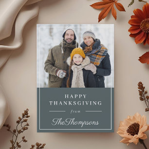 Autumn Blue Happy Thanksgiving Family Photo Holiday Card