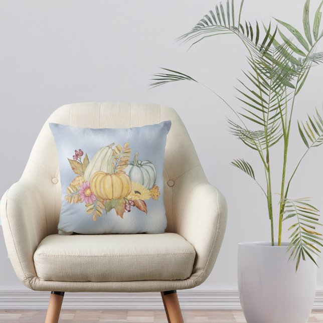 Autumn Blue Pumpkin Gourds Floral Throw Pillow (Creator Uploaded)