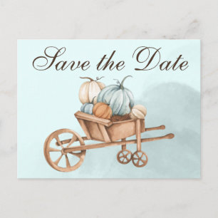 Autumn Blue Pumpkin Wheelbarrow Save the Date Postcard