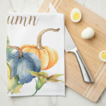 Autumn Blue White Green Orange Pumpkin Watercolor Kitchen Towel<br><div class="desc">Beautiful watercolor pumpkins in shades of blue,  green,  orange,  and white are featured on this seasonal kitchen towel. You can customize the word Autumn that is on both sides of the kitchen towel. Delight your guests and family for fall and Thanksgiving with this watercolor pumpkin kitchen towel.</div>