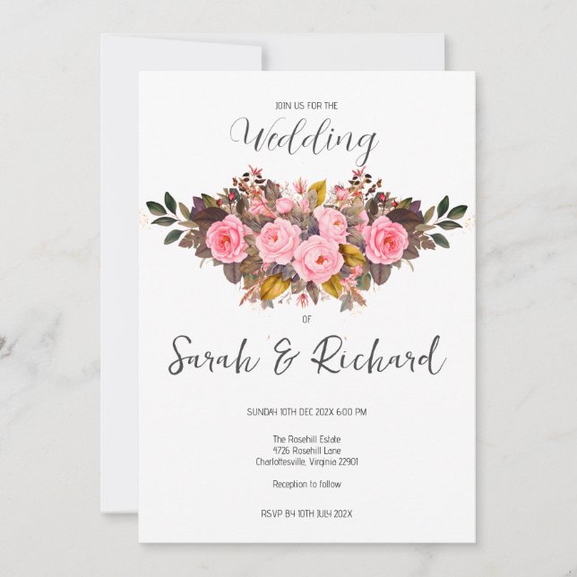 Autumn Blush Pink Rose Rustic Fall Wedding Invitation (Front)