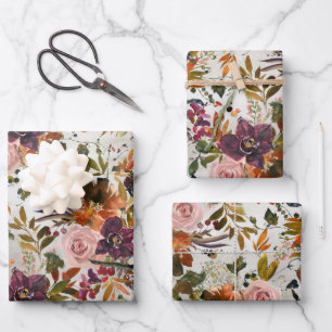Autumn Blush Roses Burgundy & Copper Floral Wrapping Paper Sheet