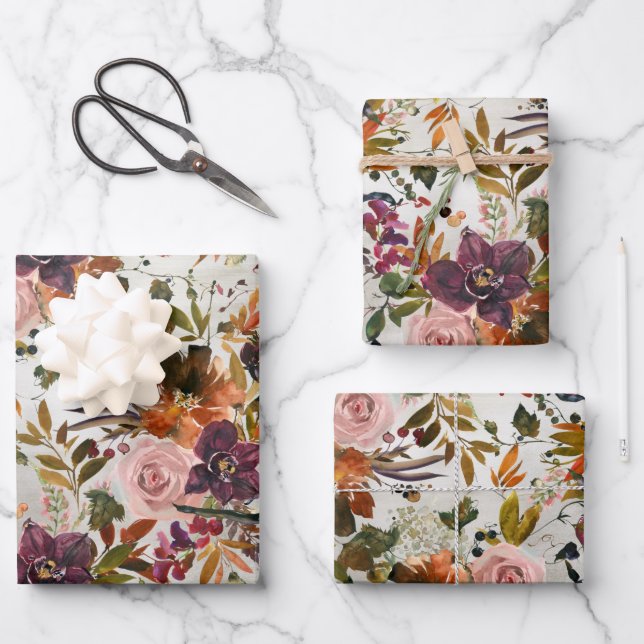Autumn Blush Roses Burgundy & Copper Floral Wrapping Paper Sheet (Front)