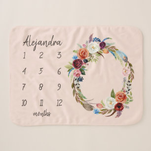 Autumn Boho Blooms Monogram Baby Milestone Photo Sherpa Blanket