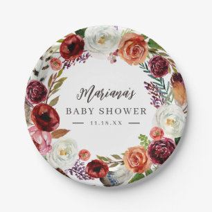 Autumn Boho Blooms Personalized Baby Shower Paper Plate