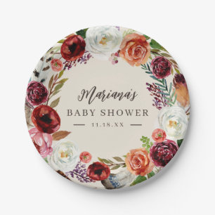 Autumn Boho Blooms Personalized Baby Shower Paper Plate