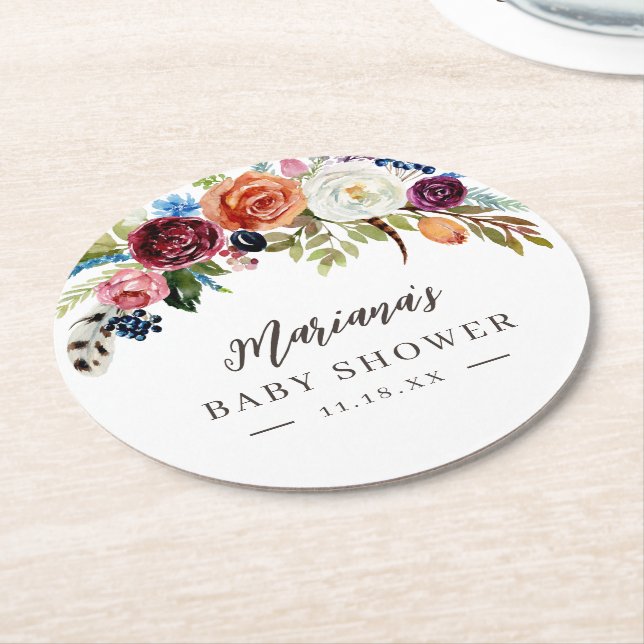 Autumn Boho Blooms Personalized Baby Shower Round Paper Coaster (Angled)
