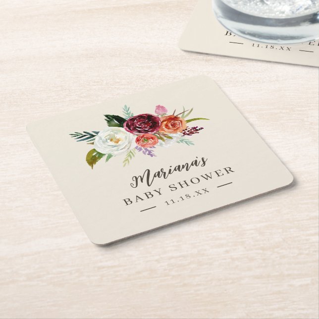 Autumn Boho Blooms Personalized Baby Shower Square Paper Coaster (Angled)