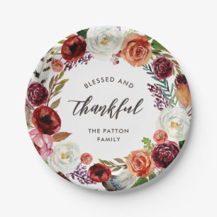 Autumn Boho Blooms Personalized Thanksgiving Paper Plate