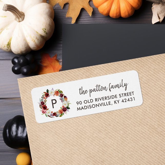 Autumn Boho Blooms Wreath Monogram Return Address (Creator Uploaded)