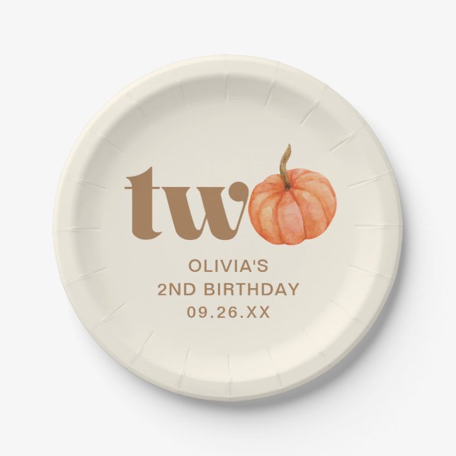Autumn Boho Fall Watercolor Pumpkin 2nd Birthday Paper Plate (Front)