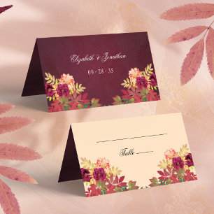 Autumn Boho Floral Burgundy Roses Folded Wedding Place Card