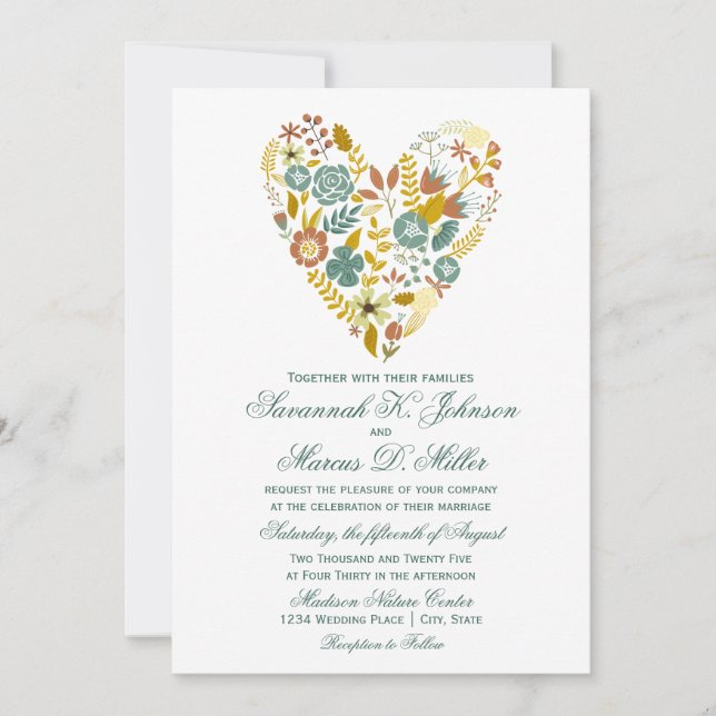 Autumn Boho Floral Heart Fall Wedding Invitations (Front)
