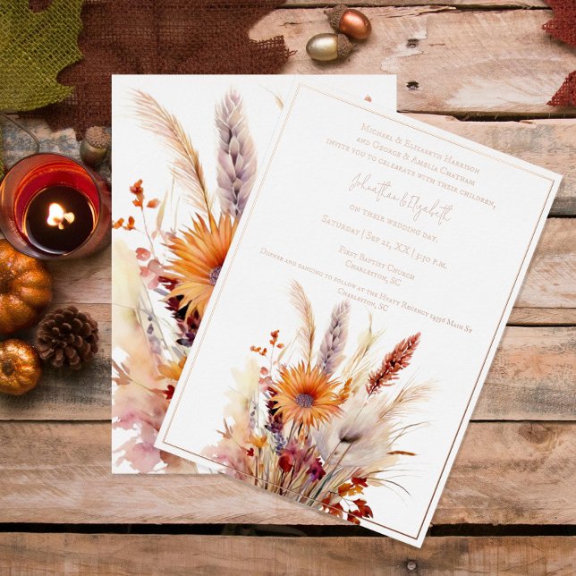Autumn Boho Floral Wedding | White (Autumn Boho Floral Wedding White Foil Invitation)