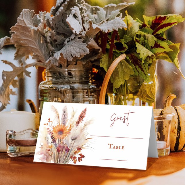 Autumn Boho Floral Wedding | White Place Card (Autumn Boho Floral White Wedding Table Place Card)