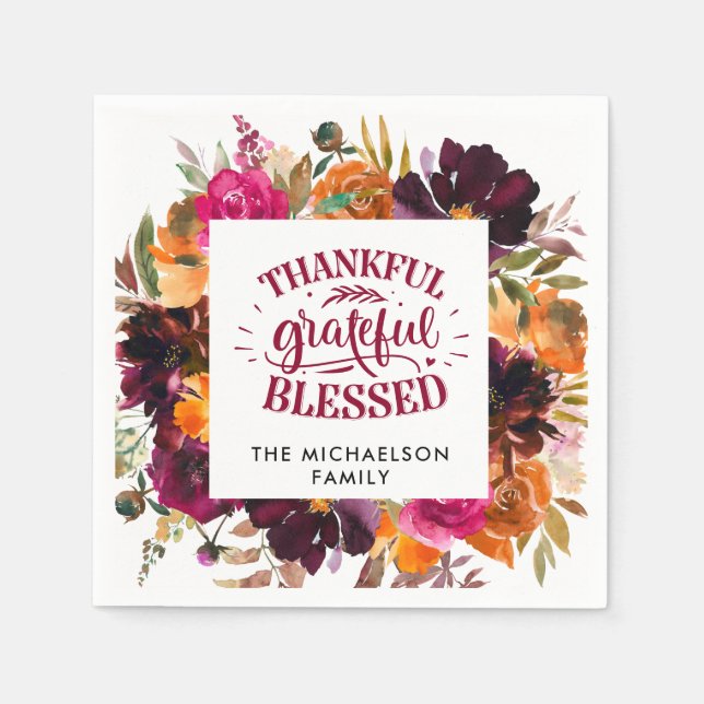 Autumn Boho Personalized Floral Thanksgiving Napkin (Front)
