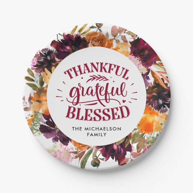 Autumn Boho Personalized Floral Thanksgiving Paper Plate (Front)