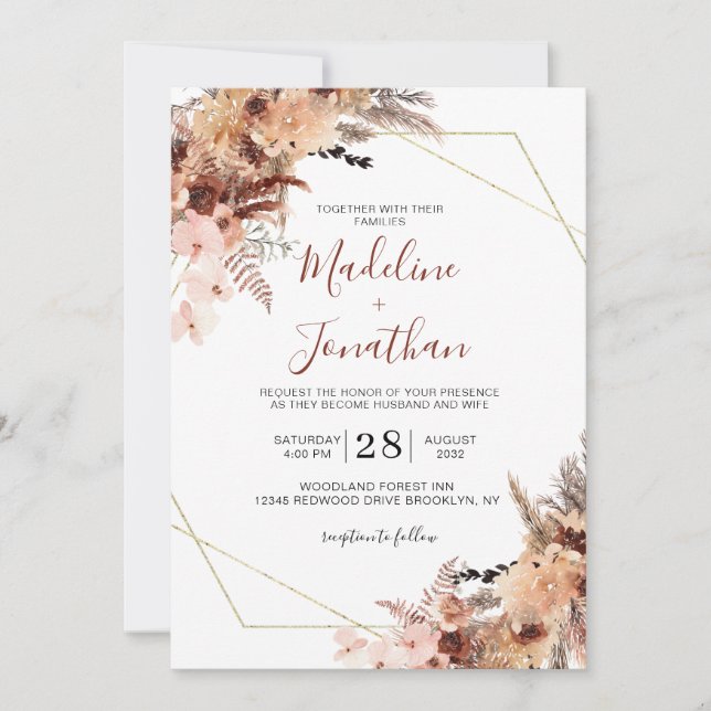 Autumn Boho Terracotta Floral Geometry Wedding Invitation (Front)