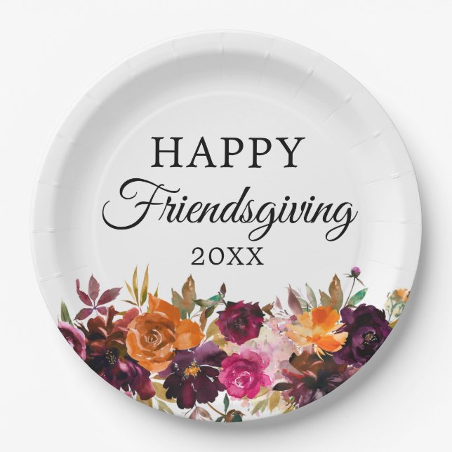 Autumn Boho Watercolor Floral Friendsgiving Paper Plate (Front)