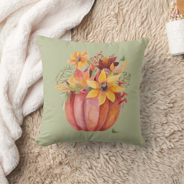 Autumn Boho Watercolor Pumpkin Green Throw Pillow (Blanket)