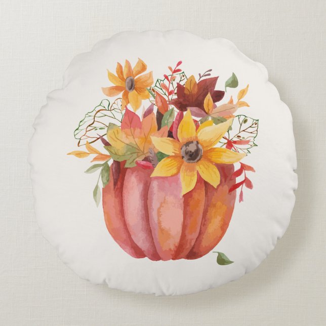 Autumn Boho Watercolor Pumpkin Round Pillow (Front)