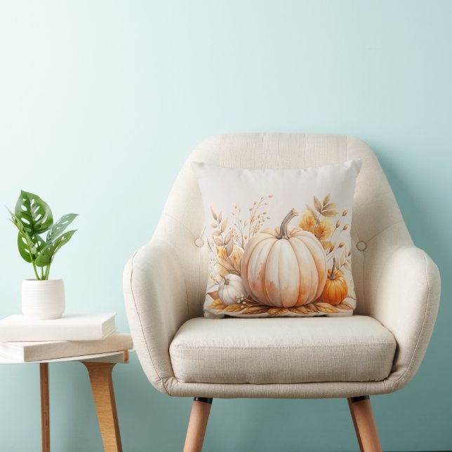 Autumn Boho Watercolor Pumpkin Throw Pillow (Chair)