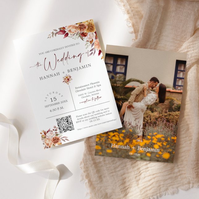 Autumn Boho Wedding Modern Minimal QR Code Photo Invitation (Creator Uploaded)