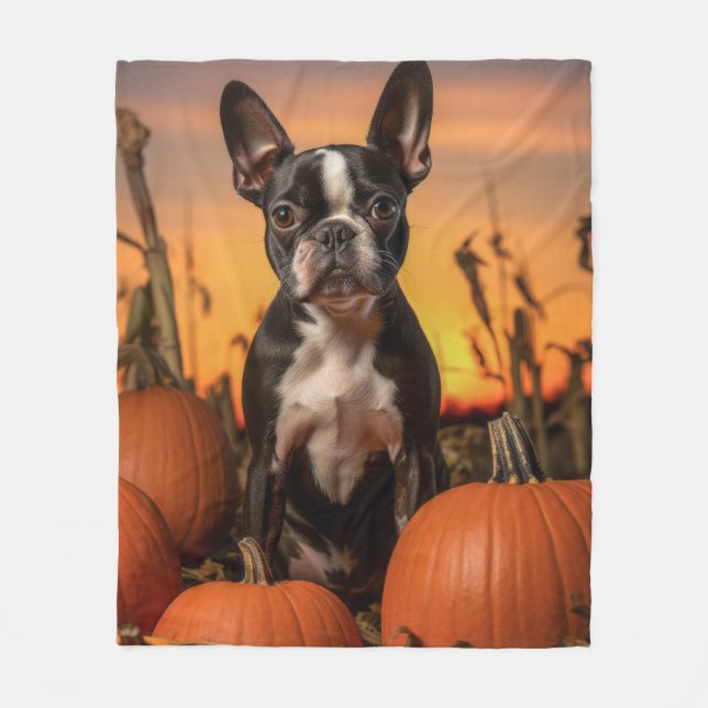 Autumn Boston Terrier Fleece Blanket (Front)