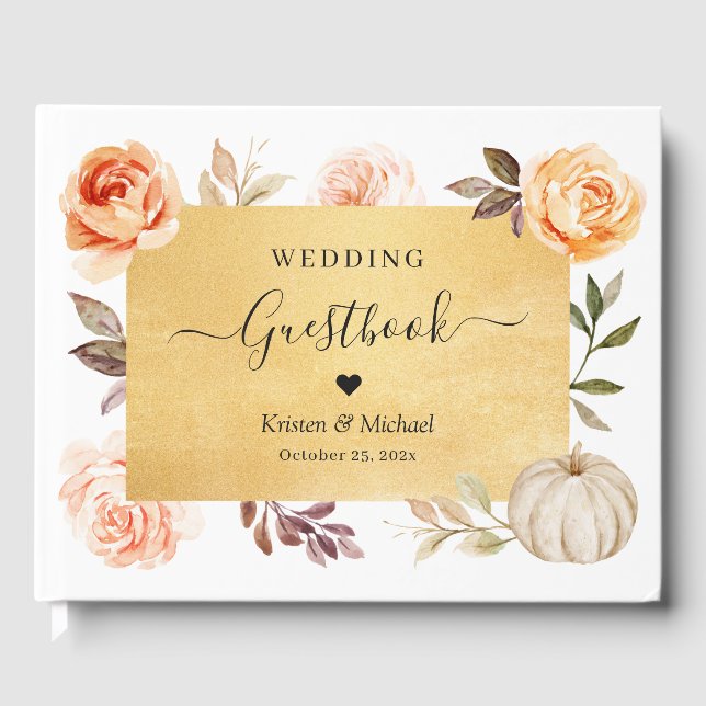 Autumn Botanical Floral Gold Glitters Wedding Guest Book (Front)