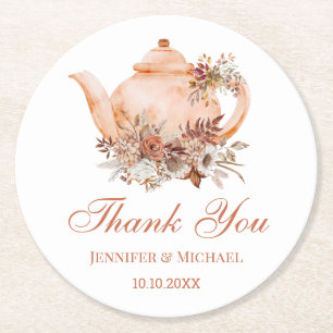 autumn botanical floral teapot wedding thank you round paper coaster