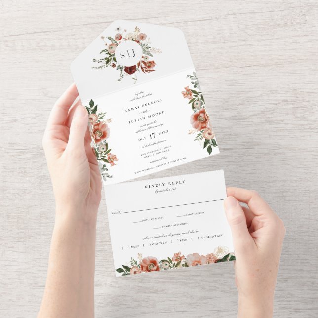 Autumn Botanical Floral Terracotta Orange Wedding All In One Invitation (Tearaway)