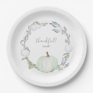 Autumn Botanical Gree & White Pumpkin Thanksgiving Paper Plate