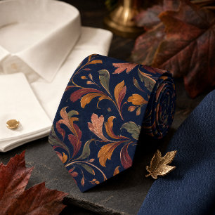 Autumn Botanical Pattern – Deep Navy Tie