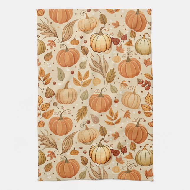 Autumn Botanical Pumpkin Vine Pattern Kitchen Towel (Vertical)