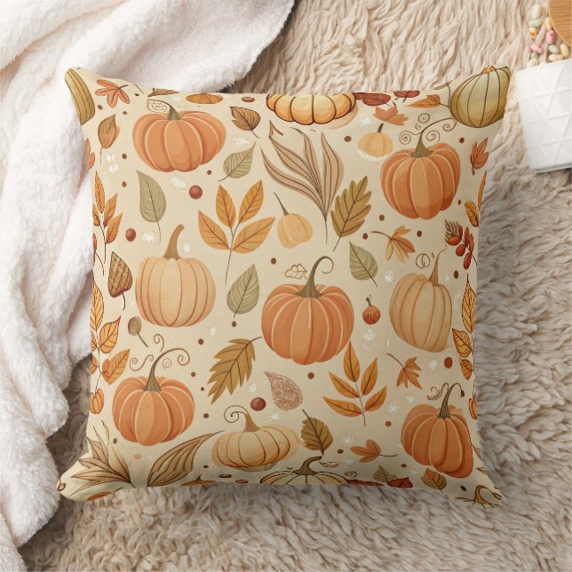 Autumn Botanical Pumpkin Vine Pattern Throw Pillow (Blanket)
