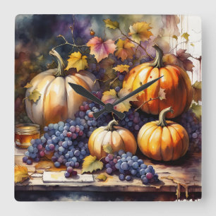 Autumn Bounty, pumpkins, Grapes honey Square Wall Clock