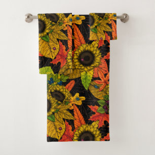 Autumn bouquet on black bath towel set